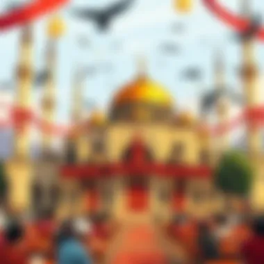 An illustration of a mosque adorned for special prayer days