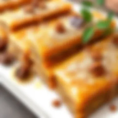 A beautiful arrangement of baklava pieces, glistening with syrup and garnished with nuts.