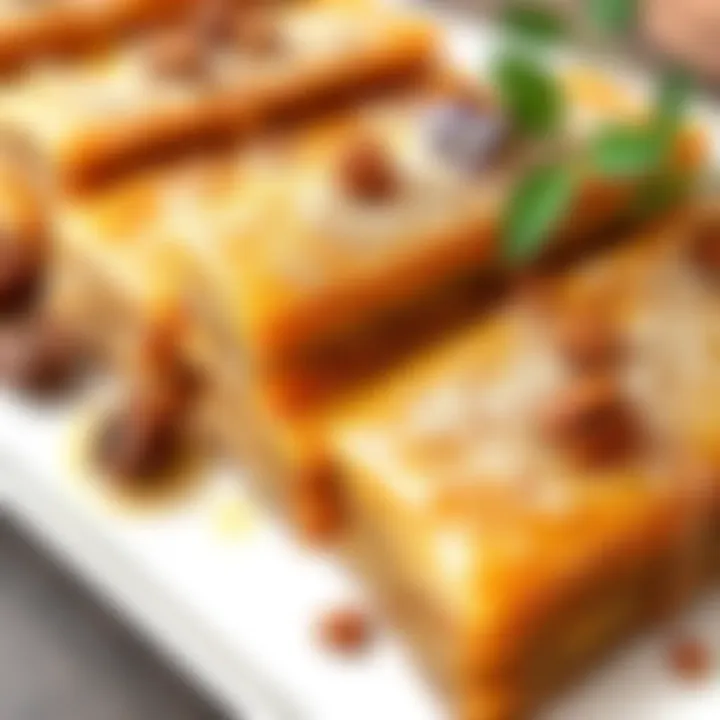 A beautiful arrangement of baklava pieces, glistening with syrup and garnished with nuts.