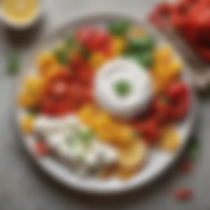 A well-balanced meal featuring yogurt, peppers, and lemon on a plate