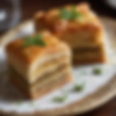 An elegant display of Bera's four layered baklava, showcasing its intricate craftsmanship and golden layers.