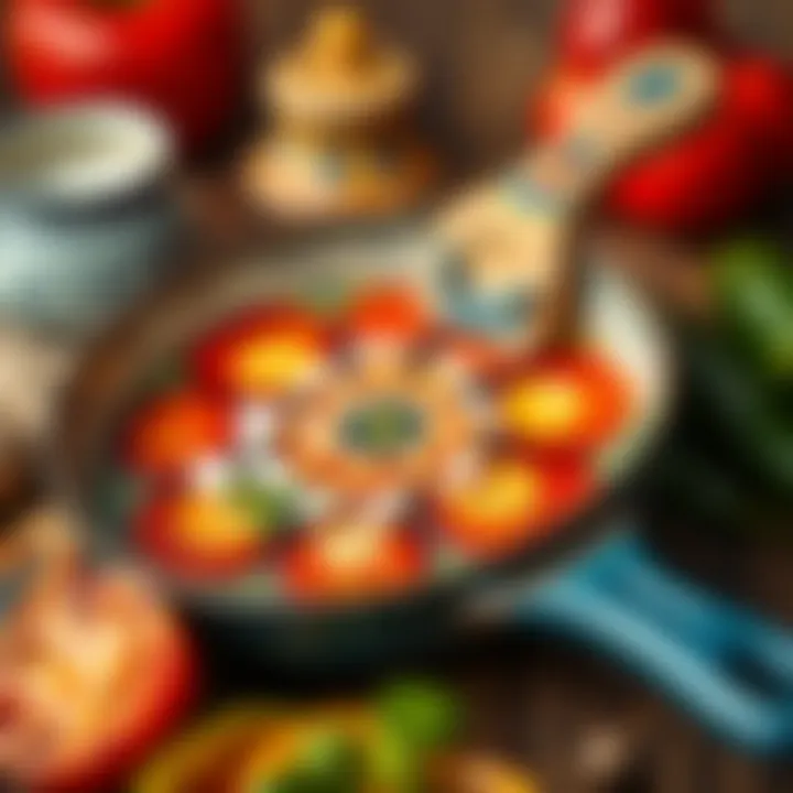 Close-up of a high-quality ceramic skillet with a vibrant design