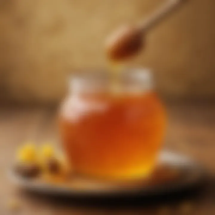 A jar of golden honey with a honey dipper, symbolizing natural sweetness and health.