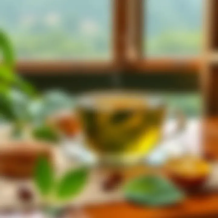 A serene morning scene with a cup of green tea on a table