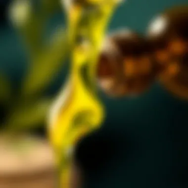 Close-up of olive oil pouring from a bottle