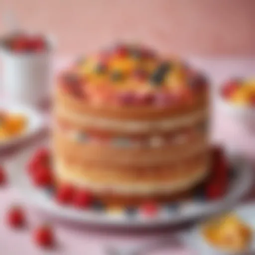 A beautifully layered sponge cake with colorful fruit toppings