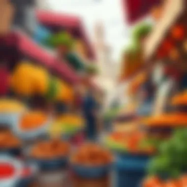 A vibrant market scene highlighting vendors selling içli köfte