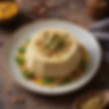 A close-up of semolina halva garnished with pistachios and served on a plate