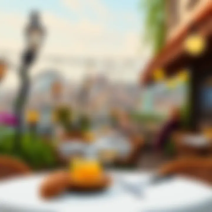 Charming ambiance of an outdoor dining area with city skyline