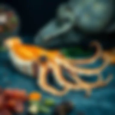 An artistic representation of the ecological roles of squid and cuttlefish in marine environments.