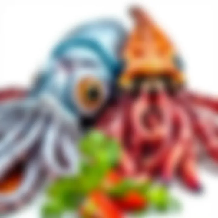 A vibrant display of squid and cuttlefish showcasing their distinct features.