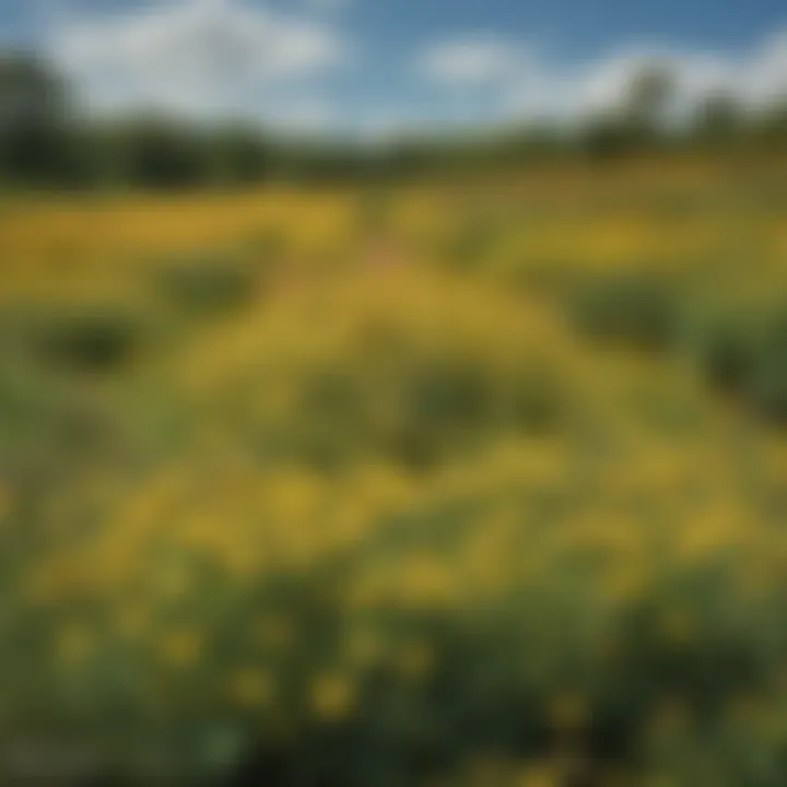 A tranquil scene of a field of St. John's Wort flowers under a blue sky.