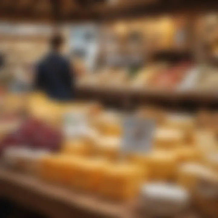 A market scene showcasing cheese prices on display