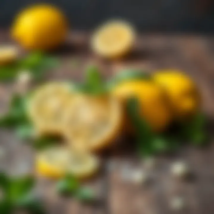 A colorful arrangement of mint and lemon on a wooden surface