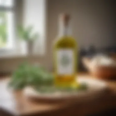 Olive oil bottle with herbs on a kitchen counter