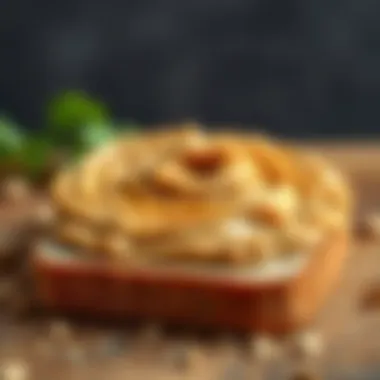 Peanut butter spread on a slice of whole grain bread