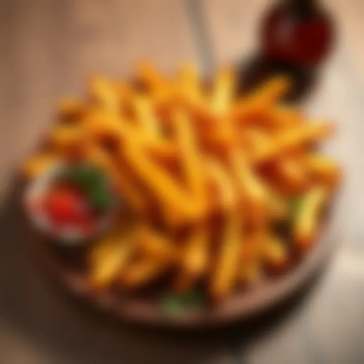 Golden crispy potato fries arranged on a wooden platter
