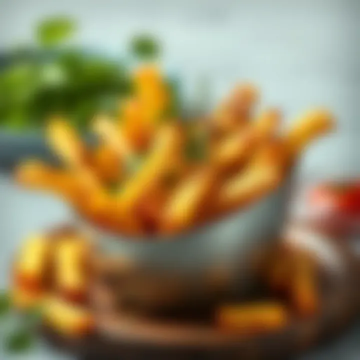 Freshly prepared potato fries garnished with herbs and spices