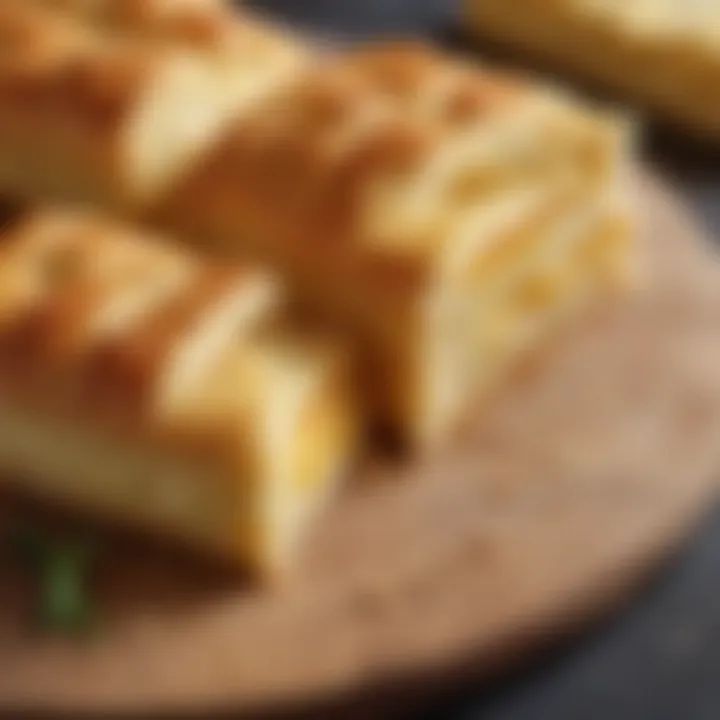 A close-up of flaky pastry layers filled with cheese