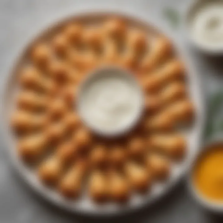 A platter of cheese pastries served with a side of yogurt dip