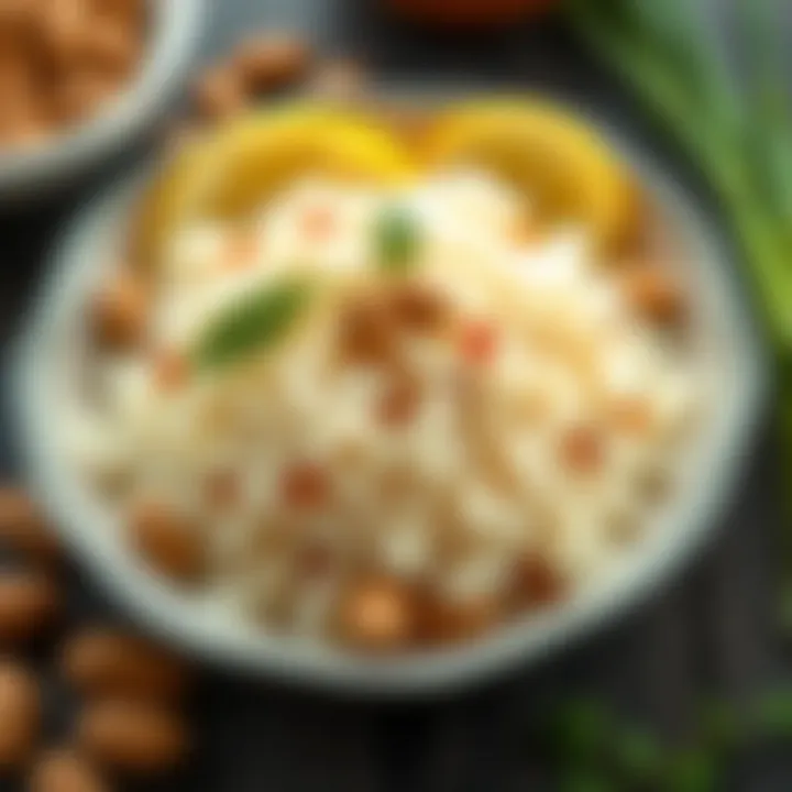 A beautifully arranged plate featuring rice and peanuts in a dish