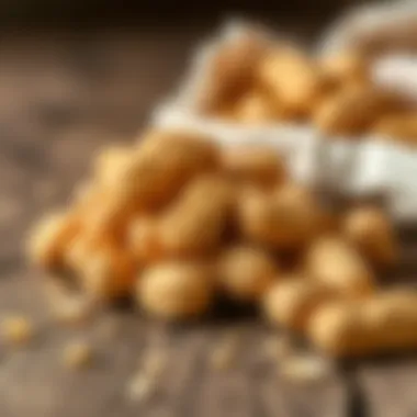Close-up of roasted peanuts on a wooden surface