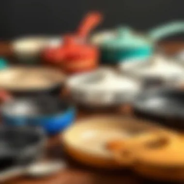 A selection of various ceramic frying pans arranged for comparison