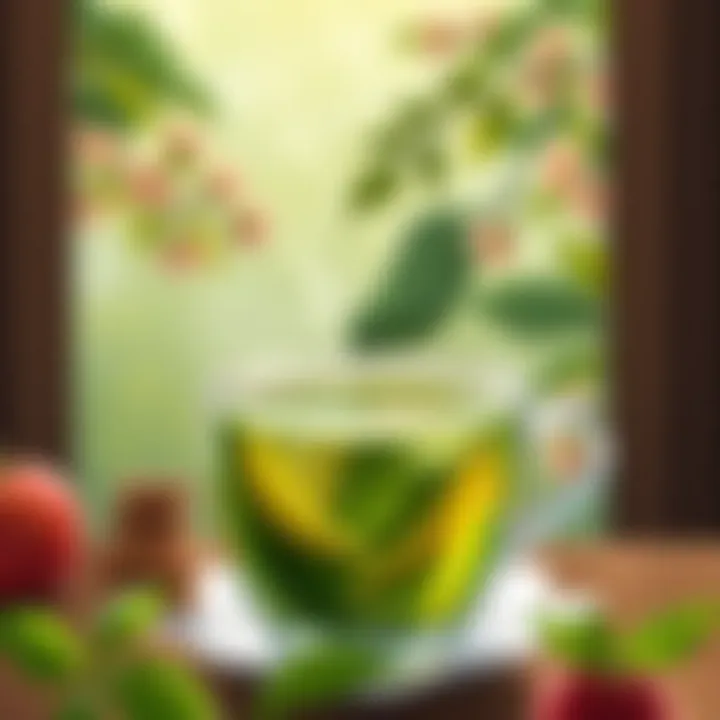 A steaming cup of green tea with a serene background