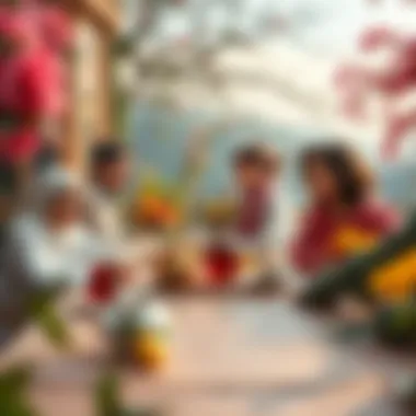 A serene tea setting with friends gathered around a table