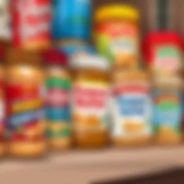 A variety of peanut butter brands lined up on a shelf