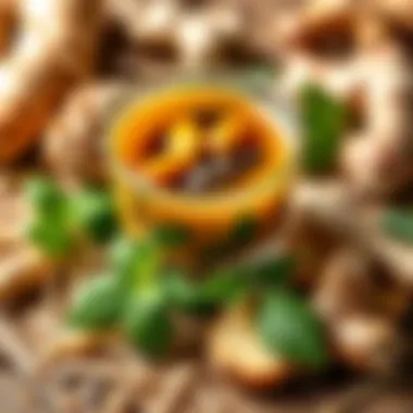 Ginger roots and herbs displayed artistically