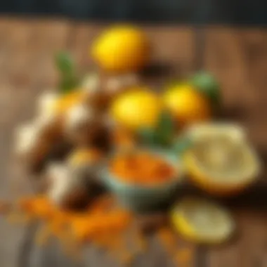 An artistic arrangement of ginger, turmeric, and lemon on a wooden surface symbolizing natural health
