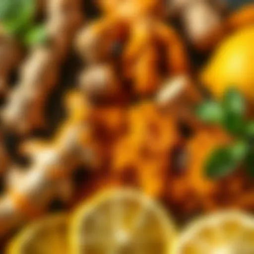 A vibrant display of ginger, turmeric, and lemon showcasing their natural colors and textures